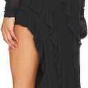 Women Long Sleeves Mesh Tassel Ruffle Maxi Dress With High Slit Party Dress | Asymmetrical Ruffle Hem Side Split Bodycon Dress Open Back Evening Gowns Prom Wedding Guest Date Night Cocktail Party Dress (Black, L)