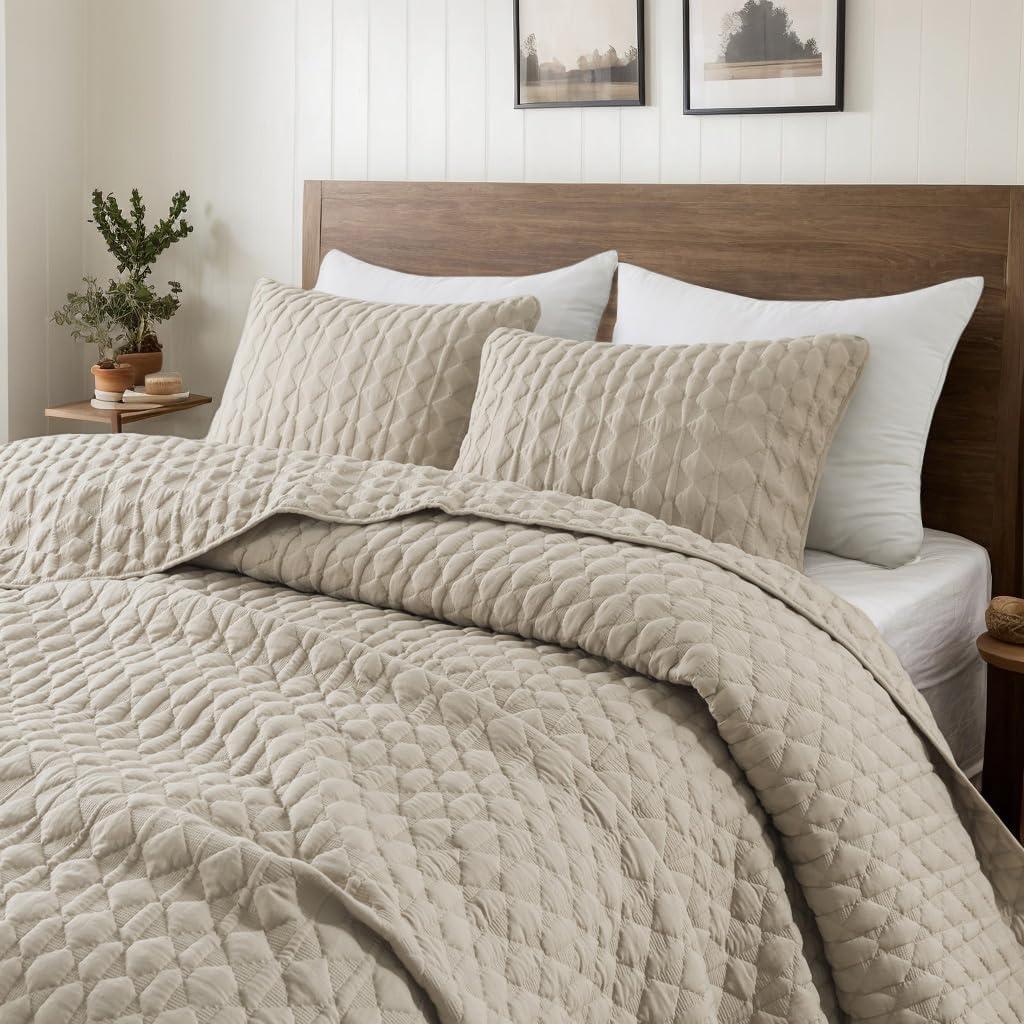 Beige Quilt Queen Size Bedding Sets with Pillow Shams, Lightweight Soft Bedspread Coverlet, Quilted Blanket Thin Comforter Bed Cover, All Season Summer Spring, Tan Cream, 3 Pieces, 90x90 inches