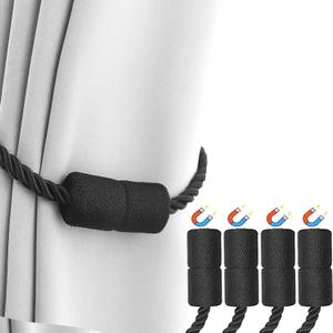 2 x 4 Pack Black Magnetic Curtain Tiebacks - Decorative Holdbacks for Wall Drapes, Curtains, Home & Outdoor Use - Elegant Curtain Pull Backs Rope Holders