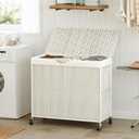 WOWLIVE Laundry Hamper with Wheels, 160L Handwoven Rolling Laundry Basket 3 Section with Lid, Clothes Hamper with 3 Removable Liner Bags, Large Laundry Sorter Laundry Room Organization, Creamy White, 150l