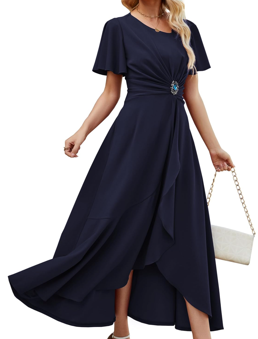 Wedding Guest Dresses for Women Have Pockets Cocktail Dress Ruffle Sleeve A Line Evening Party Formal Dresses for Women Medium