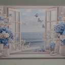 Birnsen Coastal Bathroom Flower Canvas Wall Art Blue Hydrangea Fake Window Painting Picture Wall Decor Sea View Butterfly Aesthetic Poster Print for Living Room Bedroom Bathroom Home Decoration, 24"L x 16"W