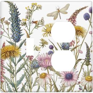 Light Switch Cover Plate Botanical Wildflowers Dragonfly Colorful Floral 2 Gang Decorative Switch Plates 1 Toggle Duplex Combo Outlet Covers GFCI Wall Plates for Bathroom Bedroom Decor