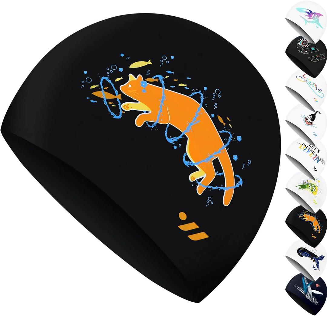 SWAVE Unisex Adult Comfortable Durable Printed Waterproof Silicone Swim Cap (White)