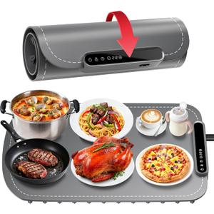 Warming Mat for Food, Upgraded Fast-Heating Electric Warming Tray with 7 Temp Levels & 8 Timers, Buffet Raised Feet & Rollable Silicone Heat Pad, Portable Food Warmer for Home, Party & Travel (Gray)