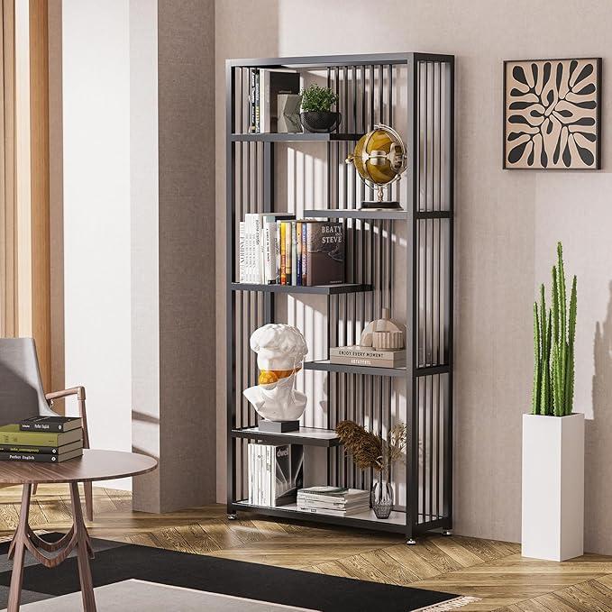 KINGBO 6-Shelf Display Shelf, 78" Tall Etagere Bookshelf, Staggered Bookcase Shelf with Metal Frame, Modern Open Curio Display Shelving Unit for Living Room Bedroom, Black