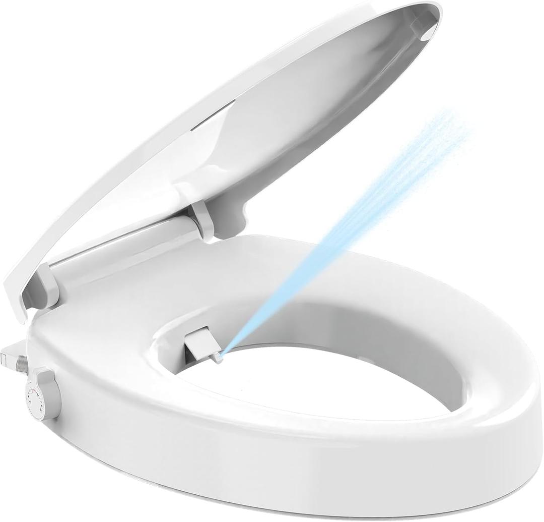 Raised Toilet Seat Elongated 18.5" with Bidet  Soft Close, Dual Self-Cleaning Nozzles, Quick Release & Connect, Sturdy PP, Won't Loosen, Ideal for Seniors, Elderly & Limited Mobility, White