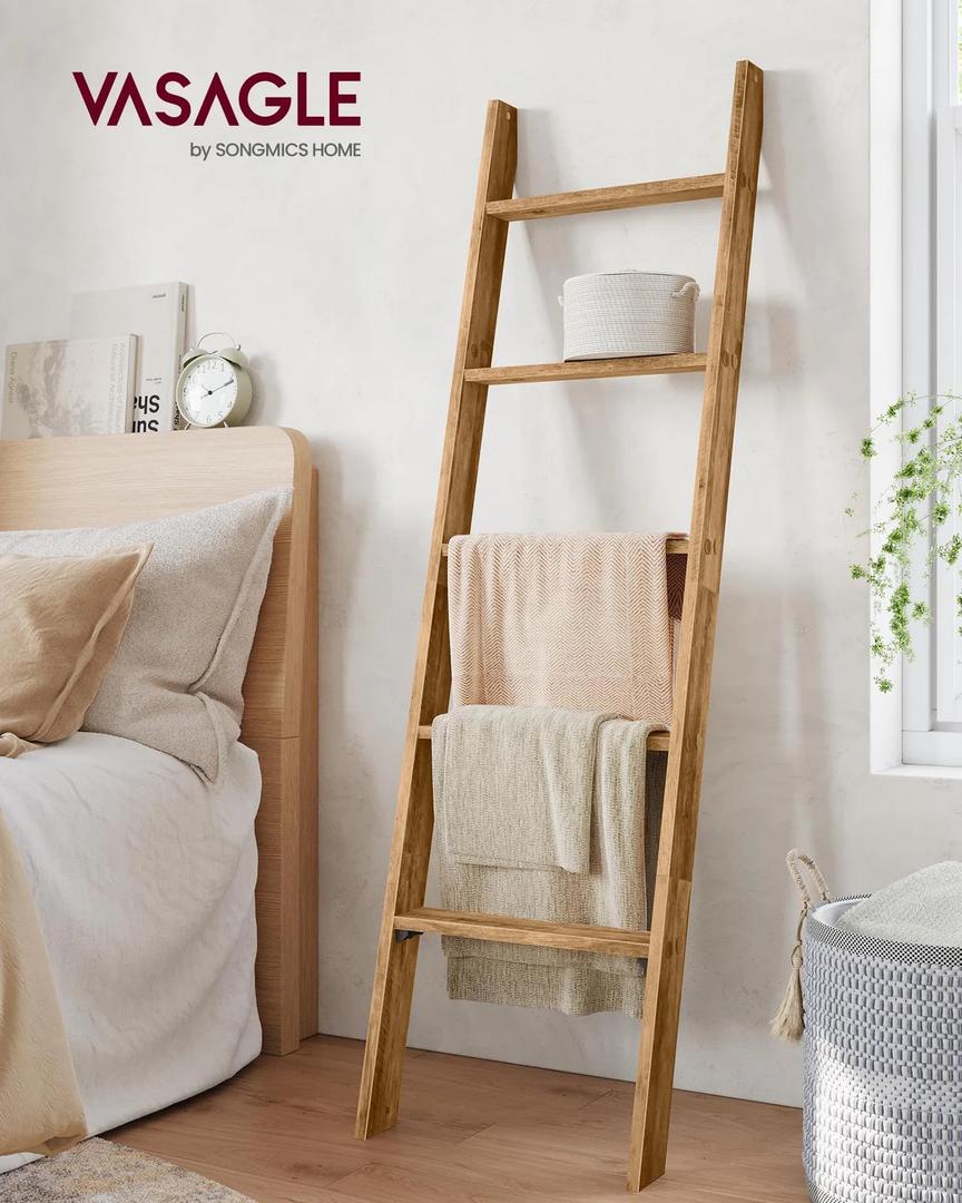 Blanket Ladder for Living Room 5-Tier Blanket Holder with Light, Wall-Leaning Blanket Rack, Ladder Shelves, Wooden Quilt Ladder, Farmhouse Decor for Bedroom Bathroom Home Decor (Wood)