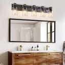 Farmhouse Bathroom Vanity Light Fixtures, Rustic 5-Light Wood Vanity Lights for Bathroom, Vintage Black Wall Sconces Lighting, Light fixtures Over Mirror, with Glass Shade