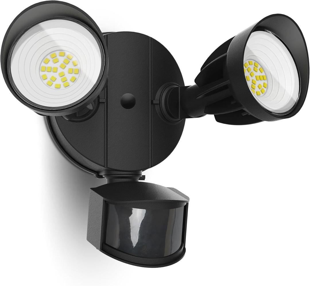 UME LED Security Light Motion Sensor Outdoor Lights, 27W 3000LM, 5000K, IP65 Waterproof, Dusk to Dawn, 2 Head Motion Detector Flood Light for Outside, Garage, Yard (Black) (1 Pack)