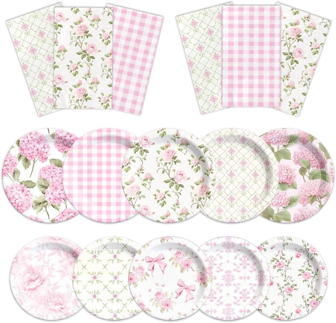 60Pcs Floral Plates and Napkins-Girls Pink Party Supplies Vintage Flower Tea Party Decorations for Birthday,Baby Shower