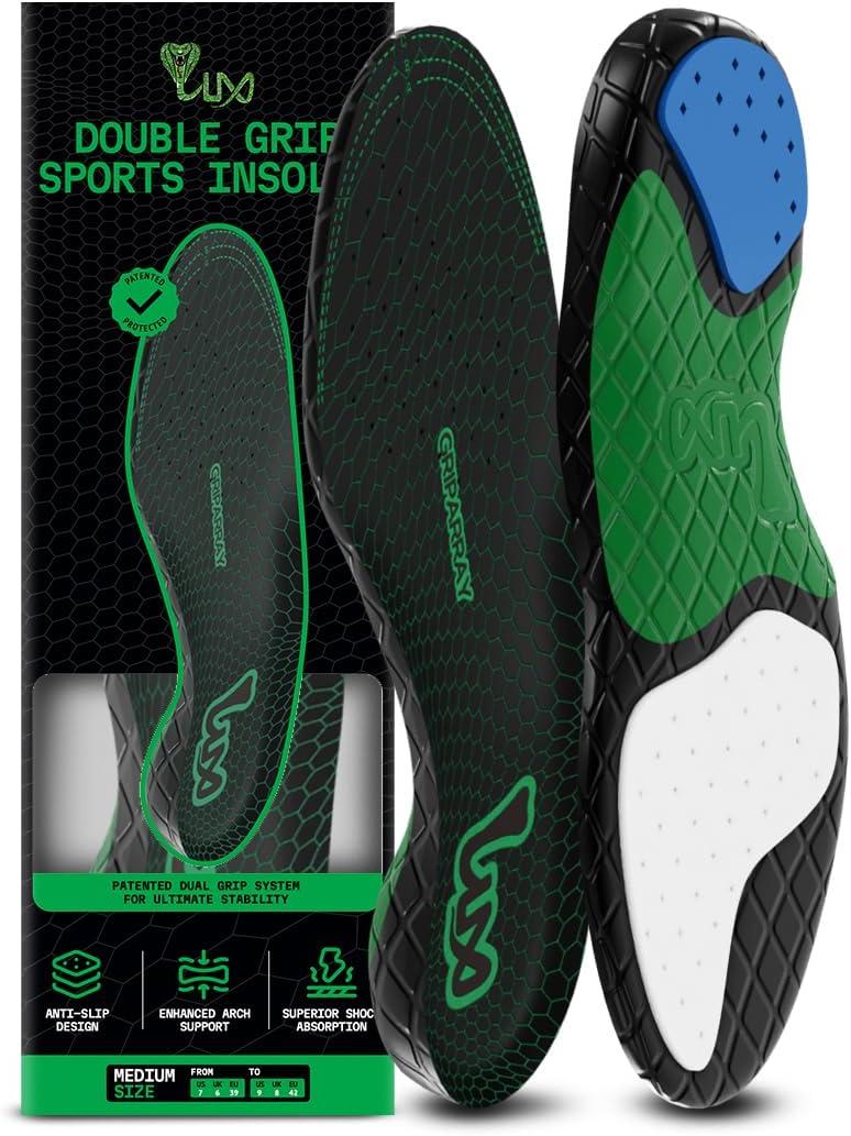 LUX Dual Grip Sports Insoles with GripArray - Easily Trimmed to Fit Any Foot Shape - Shock Absorbing Athletic Performance Sport Insoles - Shoe Inserts for Women & Men's Soccer, Running, Basketball (Low L (Men 9.5-13 / WM 11-14.5))