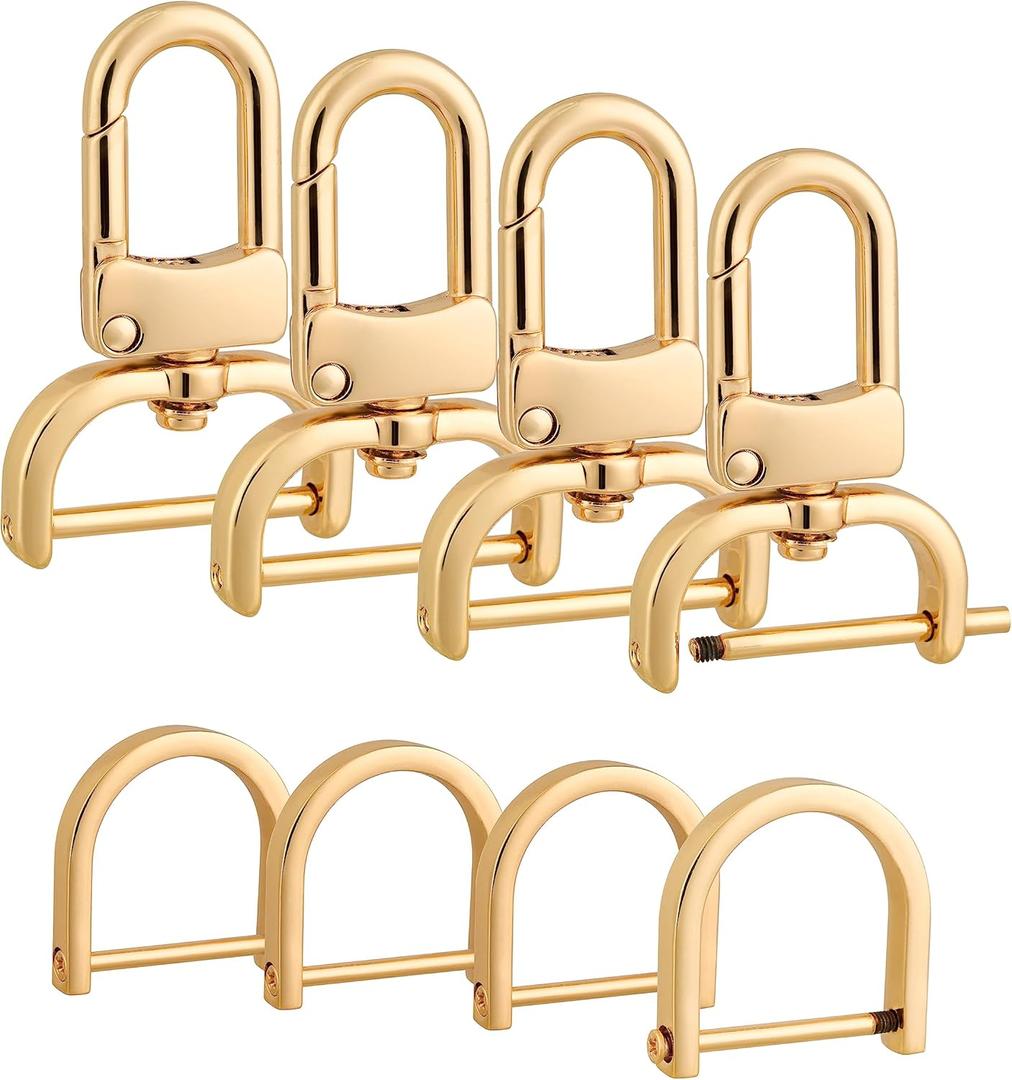 4pcs Detachable Snap Hook Swivel Clasp with 4pcs D-Rings Screw in Shackle for DIY Purse Strap Replacement (Gold,1 inch)