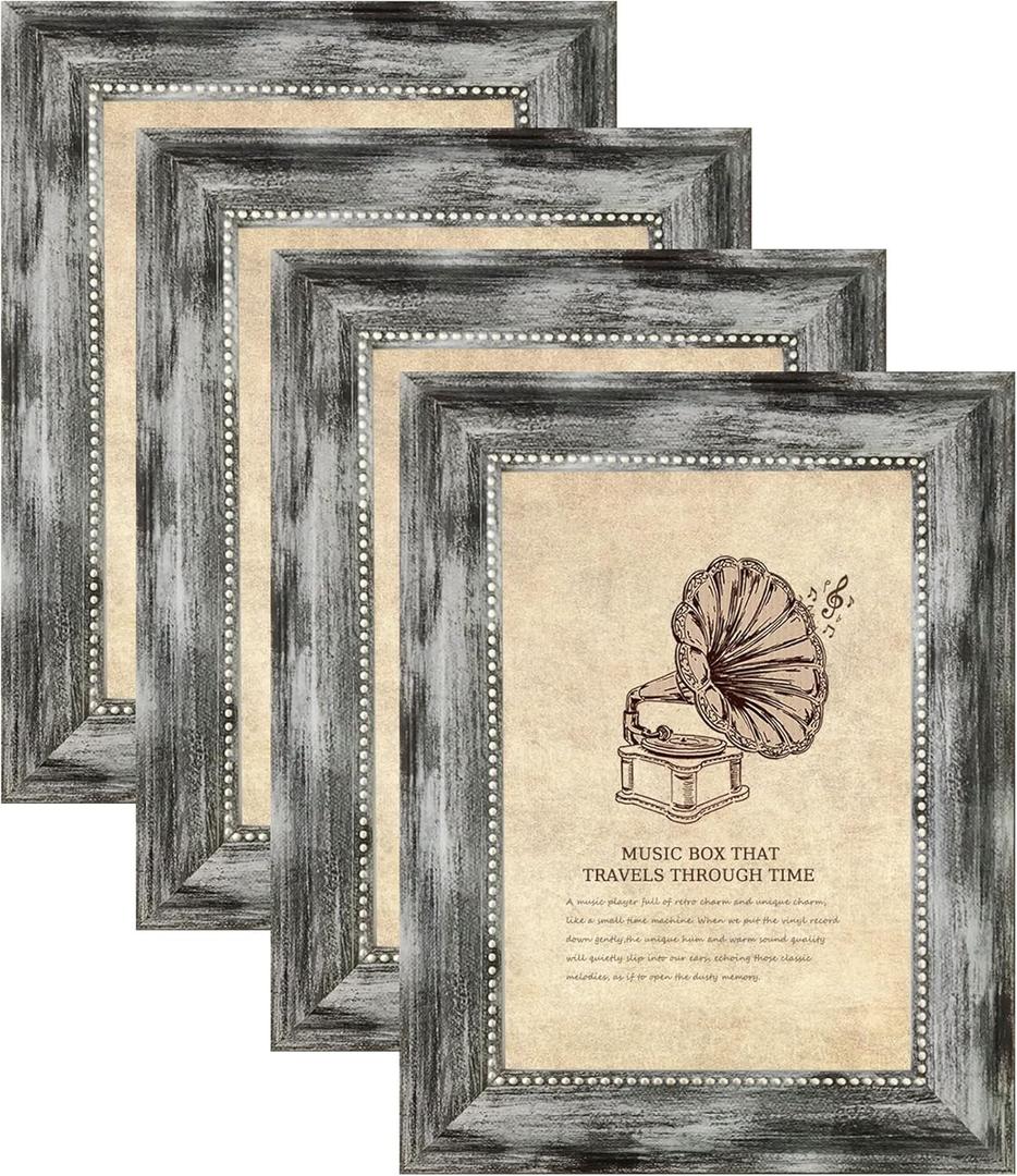 4x6 Picture Frames Set of 4 Vintage Photo Frame, Rustic Retro Photo Frame with Real Glass,Decorative Art Wall Mount and Tabletop Display Family Friends Wedding Gift (ps-Grey-4pcs)