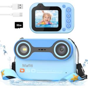 Mafiti Kids Waterproof Camera Underwater Camera 10FT with 32GB Card Gifts for Boys Floatable Pool Toys for Kids Age 4-12 26MP Photos 1080P HD Videos Children Selfie Digital Camera Blue