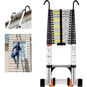 20.3 FT Aluminum Telescoping Ladder, 330 lbs Capacity, Auto-Lock, Hooks, Wheels & Stabilizer Bar, Portable & Collapsible for Home, Roof & RV Use, Silver