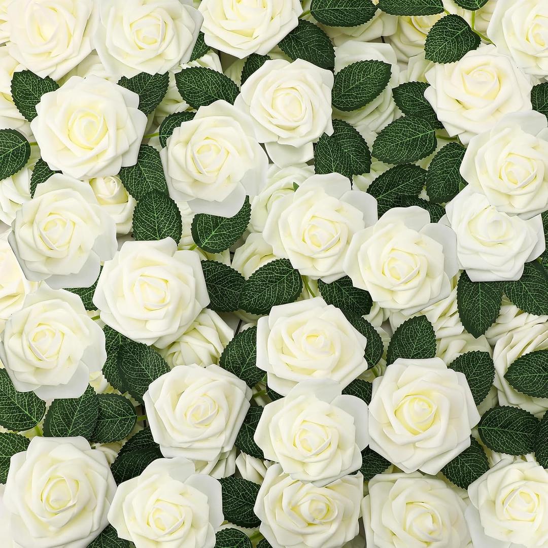 Zeyune 200 Pcs Artificial Rose Flowers Foam Fake Rose Bulk Faux Flower with 100 pcs Stem for DIY Wedding Bouquet Centerpieces Floral Arrangement Bridal Shower Party (White)