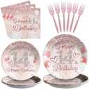 Grencian 96Pcs 14th Birthday Party Supplies Disposable Rose Gold 14 Year Old Birthday Plates Napkins Forks Tableware Set 14th Birthday Decorations for Girls Happy 14th Birthday Fabulous Party Serve 24