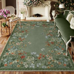 Wonnitar Washable 8x10 Living Room Area Rug, Large Green Floral Rugs for Bedroom, Non-Slip Soft Botanical Area Rug Throw Carpet for Dining Guest Room Playroom (Green,8'x10')