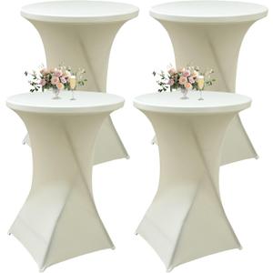 4Pack Ivory Cocktail Table Cover 32x43 Inch Fitted Stretch Cocktail Tablecloth for Round Table Top Cover High Top TableCloths for Party Bar Pub Wedding