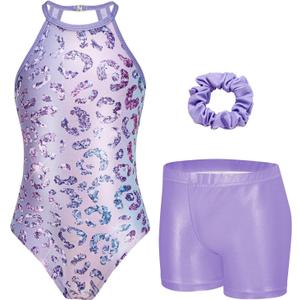 Zaclotre Gymnastics Leotards for Girls Sparkly Sleeveless Clasp Back Dance Leotard Unitards with Tumbling Shorts (9-10 Years, Purple Leopard)