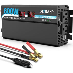 OLTEANP 600W Power Inverter Pure Sine Wave Inverter 12V DC to 120V AC Converter for Car, Truck, Home, Vehicles, Laptop, Car Inverter 12V to 110V with 2 AC Outlets, 2 USB Ports, LCD Display