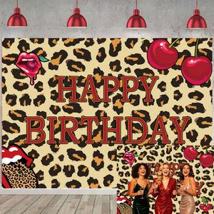 Cheetah Print Cherry Birthday Backdrop Leopard Print Red Cherry Happy Birthday Photography Background Women Girls Theme Party Decorations (7x5ft)