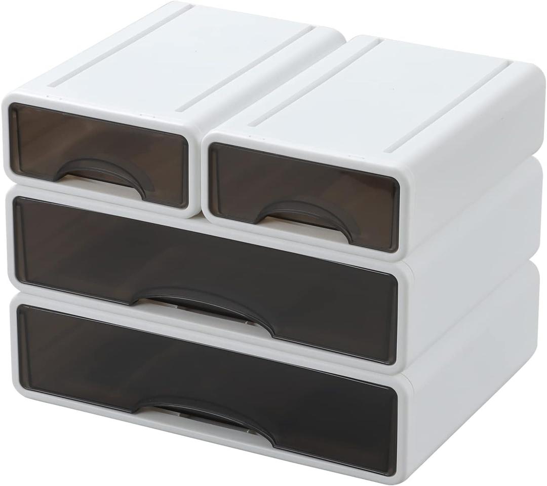 White Desktop Drawers for Paper, Stackable Office Storage Drawers for Desk, Craft Organizer and Storage Bins, 4 Mixed Storage Container with Plastic Drawers for Office Supplies Desk accessories