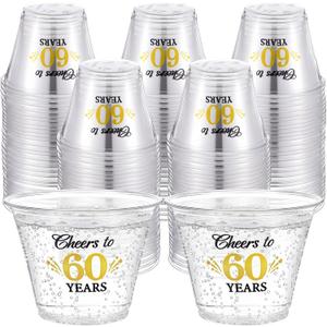 LemonRoad 100 Pack 60th Birthday Cup 9 oz Cheers to 50 Years Birthday Disposable Clear Plastic Cocktail Cups Hot Cold Beverage Drinks for Men Women Wedding Anniversary Decorations Party Favors (EXP 12/31/56)