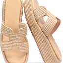 Monrovia Raffia Platform Sandals for Women Slip-On Espadrille Wedges Slides, Flatform Woven Straw Summer Vacation Beach Shoes