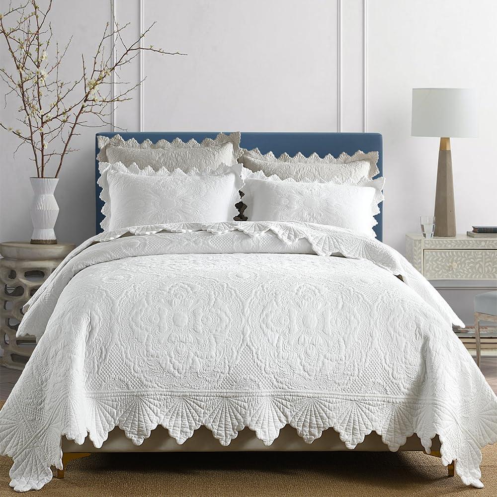 Cotton Quilt Bedding Set Reversible Lightweight Coverlet for All Seasons, 3 Pieces Embossed Floral Solid White Bedspread with Ruffled Edge, Queen Size