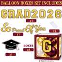 Graduation Decorations Class of 2026 Maroon and Gold Balloon Boxes for High School & College, Congrats Grad Party Table Decorations with 4 String Lights, 2026 GRAD So Proud of You Letters