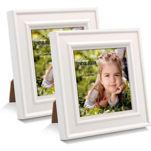 2Pcs 4x4 Wood Picture Frames, Distressed Small Square Frames, Window 3.5 x 3.5 Pictures, Perfect for Table Desk Top or Wall Hanging, White Color
