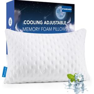 KUCEY Cooling Side Sleeper Pillow for Neck and Shoulder Pain, Luxury Shredded Memory Foam Curved Bed Pillows for Sleeping Set of 1- Adjustable Queen Size- Washable Cover Original White