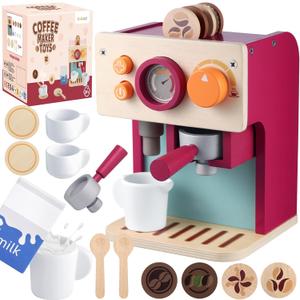 GAGAKU Wooden Coffee Machine Toy for Toddlers, Montessori Learning Toys for 3 4 5 Year Old Girls & Boys, Realistic Pretend Play Kitchen Accessories with Espresso Maker & Latte Art Set