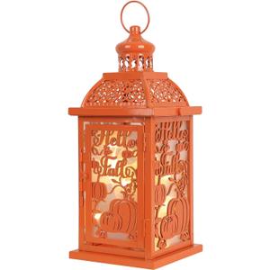 NEEDOMO Fall Decorations for Home, Orange Decorative Candle Lantern for Tabletop Mantel Decor, Vintage Metal Lantern Candle Holders for Indoor Outdoor Decor, Halloween, Thanksgiving, Fall