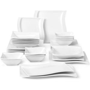 MALACASA Plates and Bowls Sets, 26 Pieces Ivory White Porcelain Dinnerware Sets without Mugs, Square Dinnerware with Dinner Plates, Bowls and Serving Platters, Modern Dish Set for 6, Series Flora