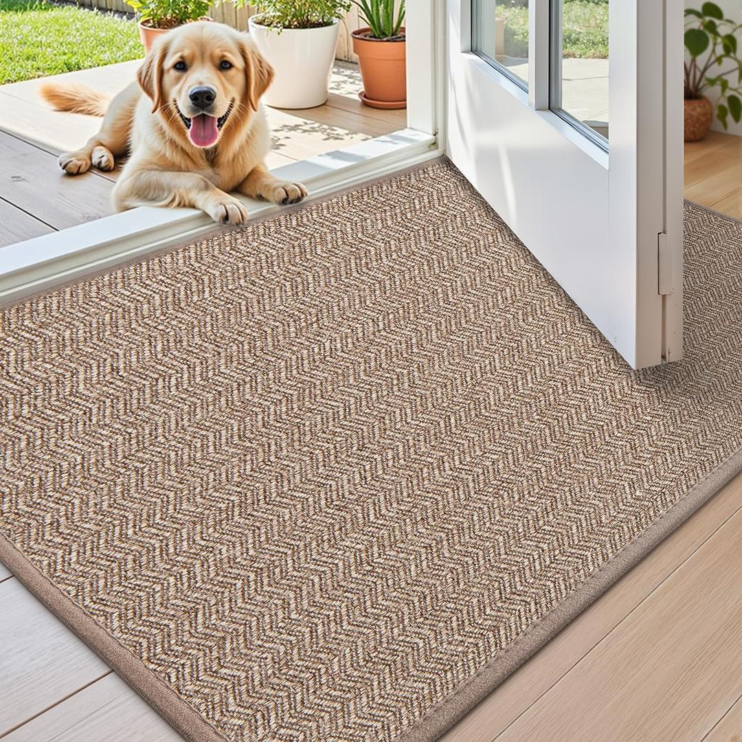 Color&Geometry Thin Indoor Entrance Mats for Home, 17"X29.5" Indoor Mats for Entryway Non Slip Rubber Backed, Dirt Trapper Door Rugs for Entryway Indoor Washable, Dark Khaki (Rolled-up NO Creases)