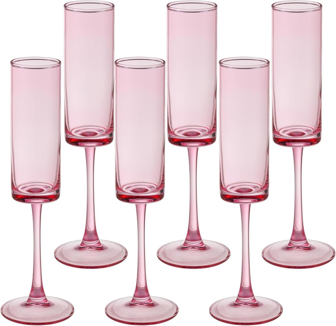 6 Pieces Pink Champagne Flutes 6 OZ Straight Sided Wine Glasses Champagne Long Stem Drinking Colored Glasses,Set of 6 Hand Blown Champagne Flutes Goblets for Wedding Cocktail Cups,Cava, Prosecco