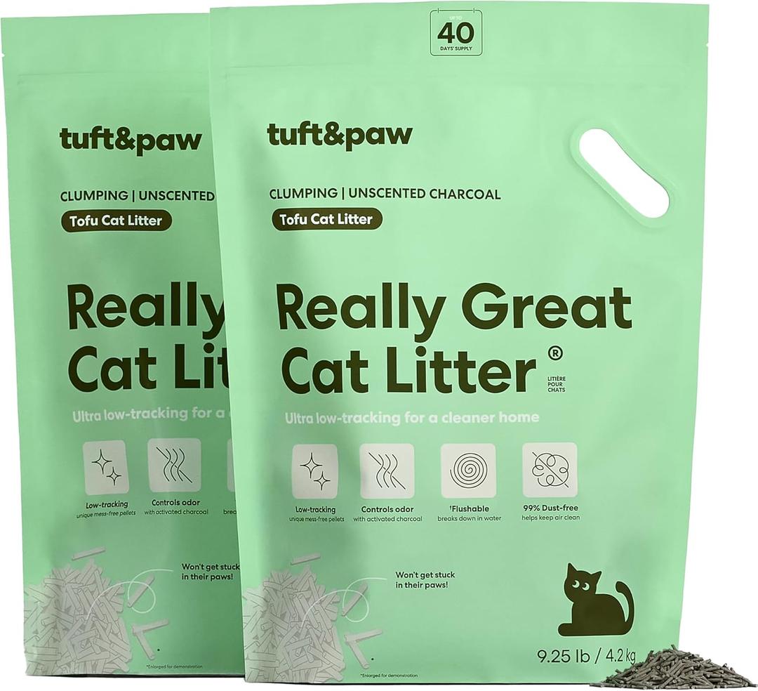 Tuft & Paw Really Great Cat Litter, Ultra Low Tracking Tofu Cat Litter, Clumping, Flushable, Odor Control, Dust-Free, Unscented - 9.25lbs x 2Bags (Charcoal)