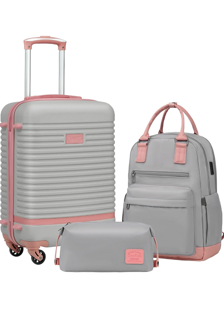 Coolife Suitcase Set 2 Piece Luggage Set Carry On Travel Luggage TSA Lock Spinner Wheels Hardshell Lightweight Luggage Set(Gray+Pink, 2 piece set (BP/TB/20))