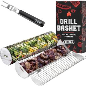 Rolling Grill Basket, New Opening Design, Extra Sturdy Cylinder Grilling Basket, Food Grade Stainless Steel, Large Portable Outdoor Camping accessories BBQ Net Rack, Cooking Griller for Fish, Vegetables, and More - Gifts for Men Dad Husband - Set of 2
