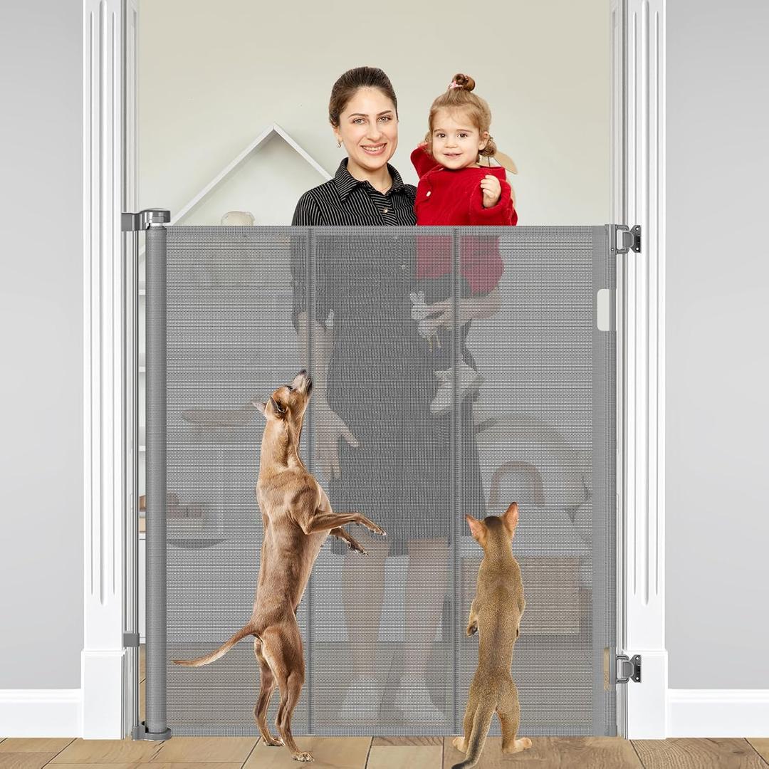 Reinforced 48" Extra Tall Dog Gate with Support Rods, 4 Ft Tall Retractable Dog Gates for Doorways 55" Wide Mesh Baby Gate for Cats - Prevent Baby/Pet from Jumping Over, Gray