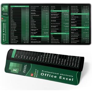 Excel Cheat Sheet Desk Pad Extended XL Office Keyboard Mat (31.5" x 11.8") Inch, 3mm Thick Excel Shortcuts Mouse Pad, Stitched Edges Non-Slip Base (U Green Black excel)