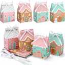 24 Pcs Small Pink Gingerbread House Gift Boxes with Ribbon Mini Christmas Gingerbread House Boxes for Mini Cookie Container Snacks Macaron Candy Dessert Wrapping Holiday Gifts Giving