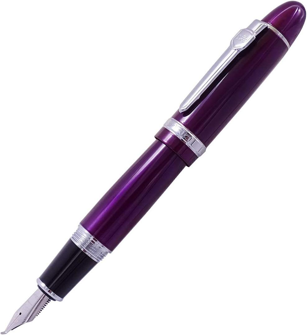 Jinhao 159 Fountain Pen, Fude Pen Bent Nib, Purple Lacquer Silver Trim Big Heavy Pen with Pouch and Ink Converter