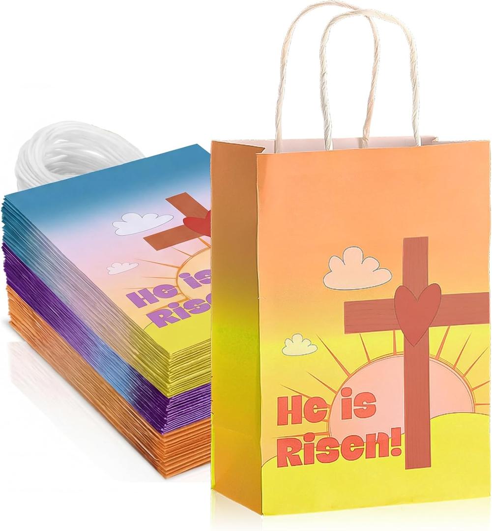 Kosiz 24 Pcs He Is Risen Gift Bags Easter Paper Gift Bags with Handles Christian Religious Party Favor for Easter Baptism Holy Week Party Supplies Decoration