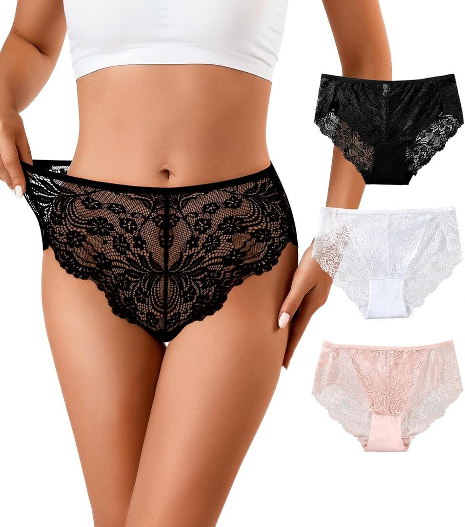 J-pone Sexy Womens Lace Underwear High Wasited Panties Breathable Floral Ladies Briefs, 3 Pack (3 Pack, Black,white,skin Color), XL