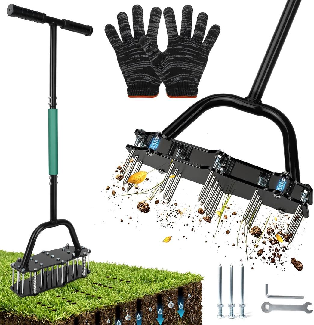 Manual Lawn Aerator Tool, 17 Spikes, Spring-Assisted Debris Release