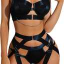 Avidlove Lingerie Set for Women Sexy Strappy Lingerie Underwire Push Up Bra Garter Set Lingerie with Chain (Large, Black)
